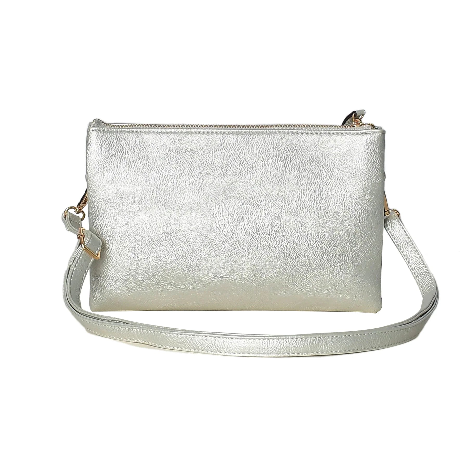 Silver Handmade Metallic Leather Crossbody Clutch with Zip Closure