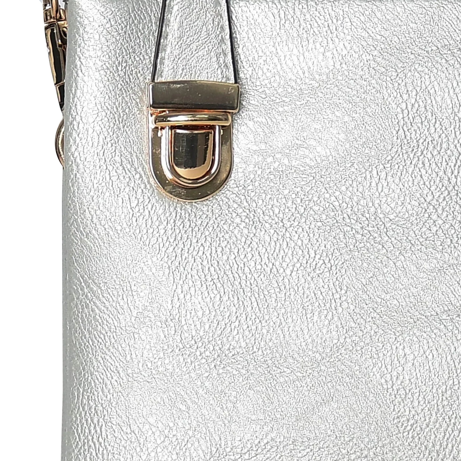 Silver Handmade Metallic Leather Crossbody Clutch with Zip Closure