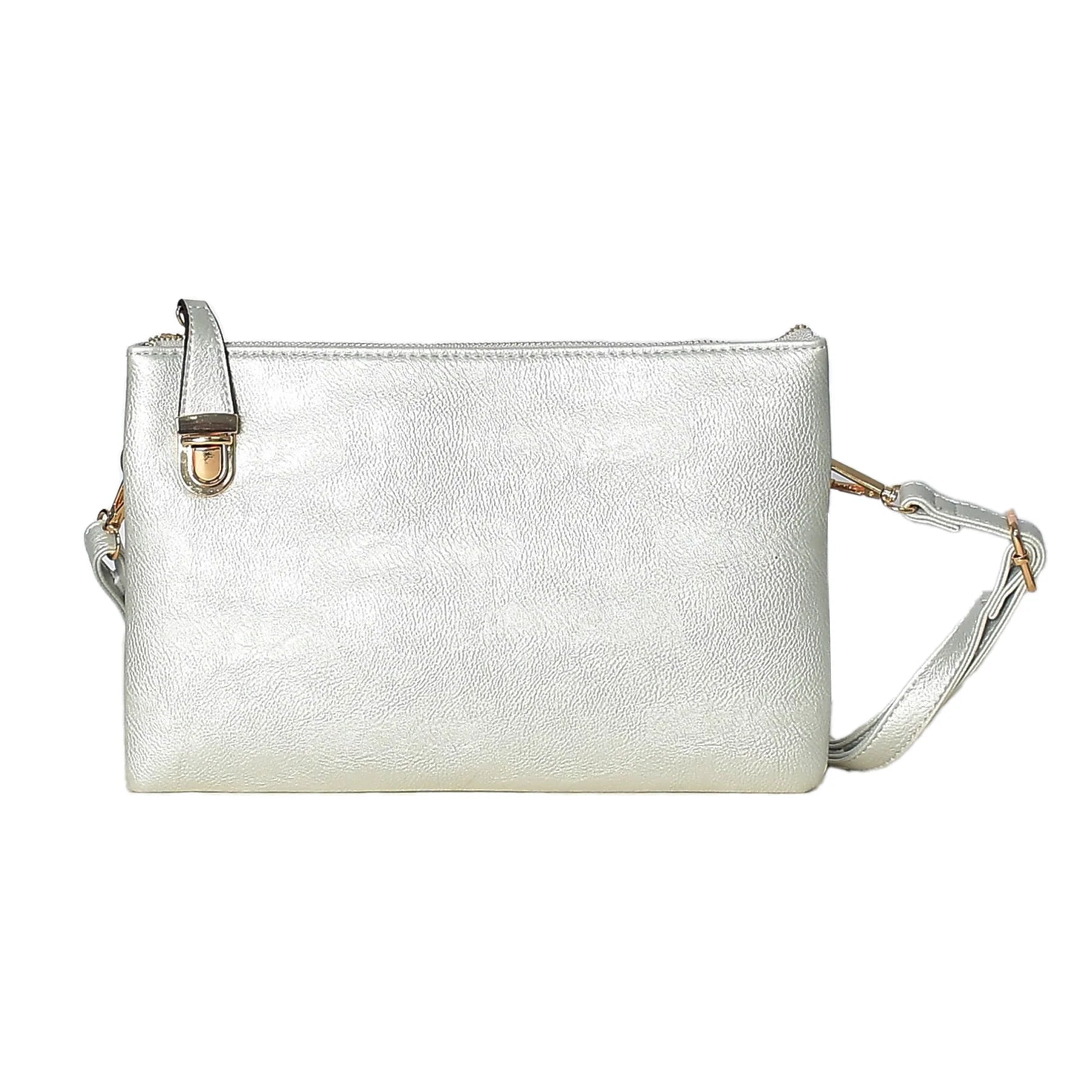 Silver Handmade Metallic Leather Crossbody Clutch with Zip Closure