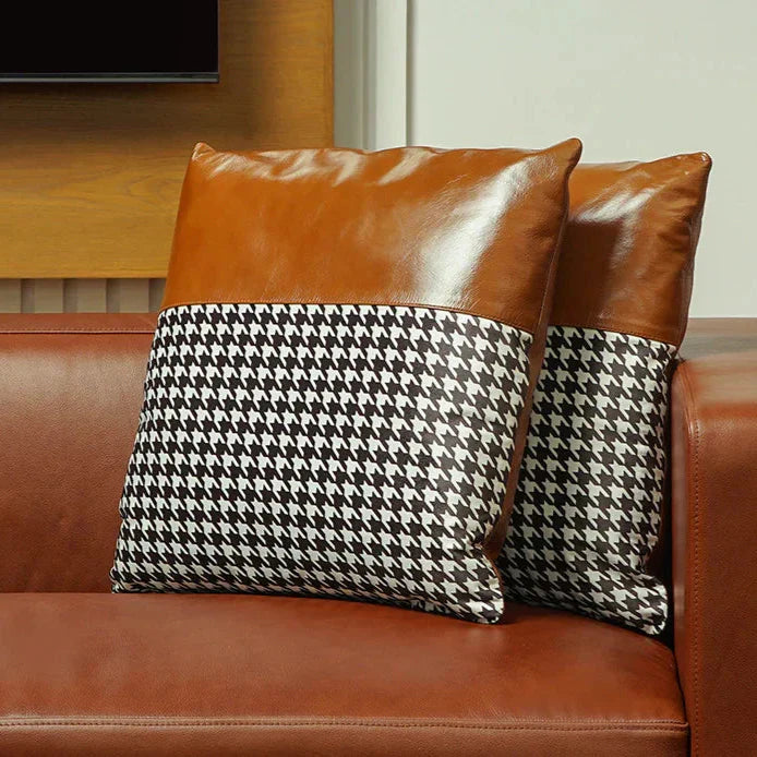 Brown Houndstooth Cow Leather Cushion – Bold Texture | Leather Galleria