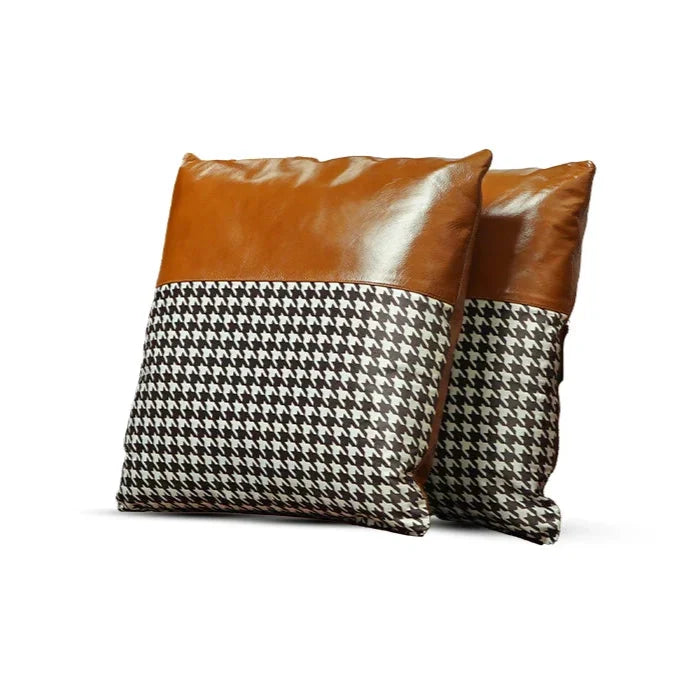 Brown Houndstooth Cow Leather Cushion – Bold Texture | Leather Galleria